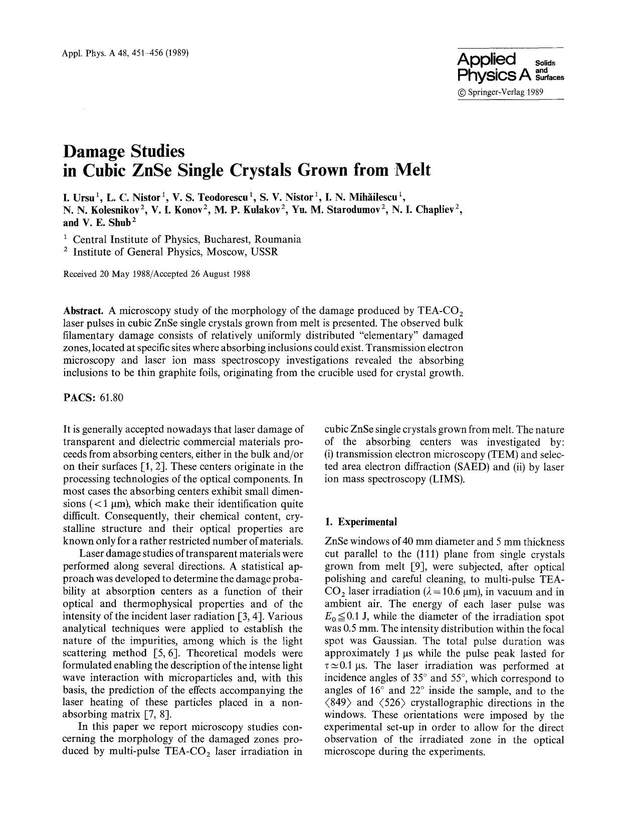 Damage studies in cubic ZnSe single crystals grown from melt by Unknown
