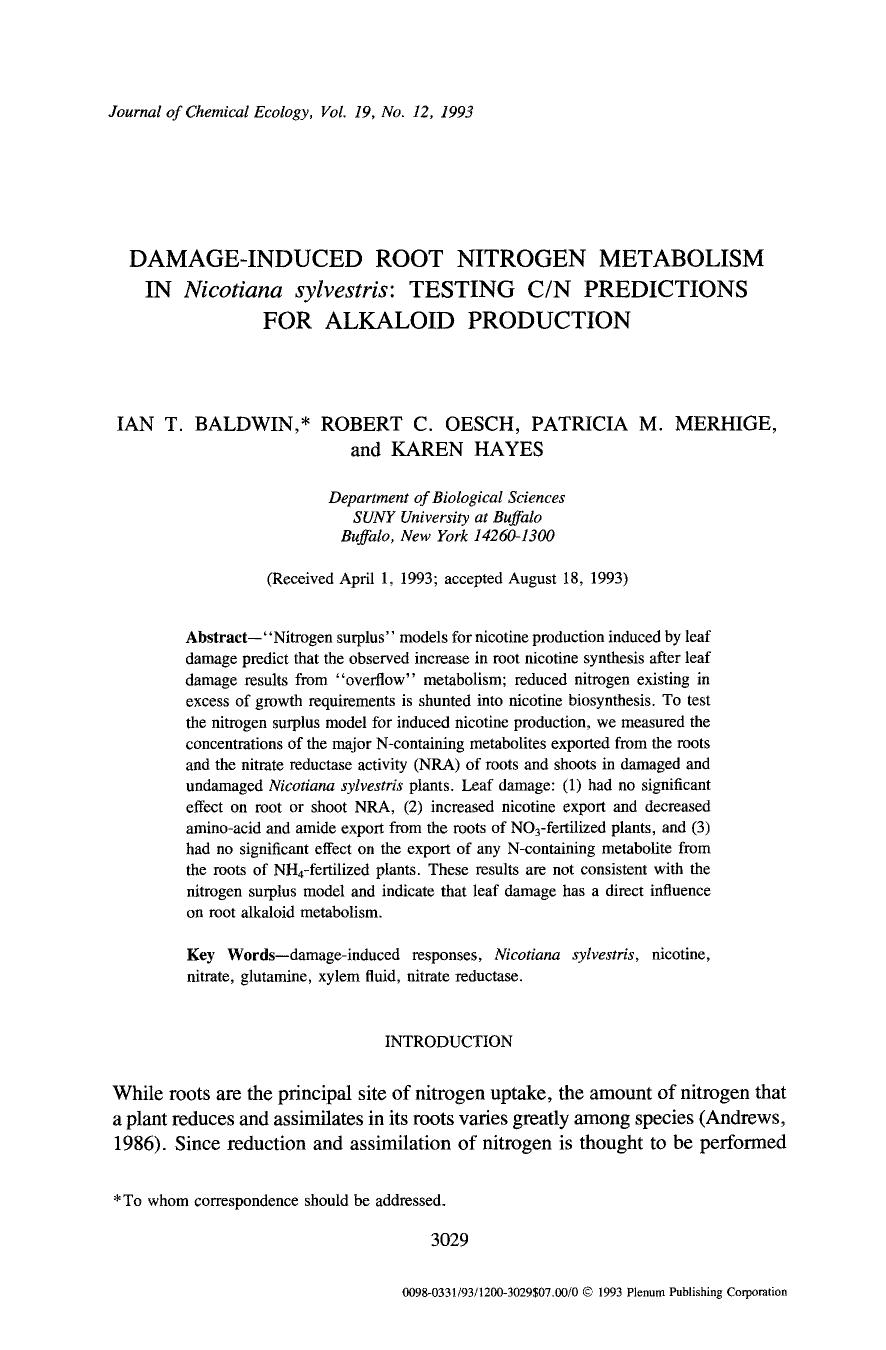 Damage-induced root nitrogen metabolism in <Emphasis Type="Italic">Nicotiana sylvestris <Emphasis>: Testing CN predictions for alkaloid production by Unknown