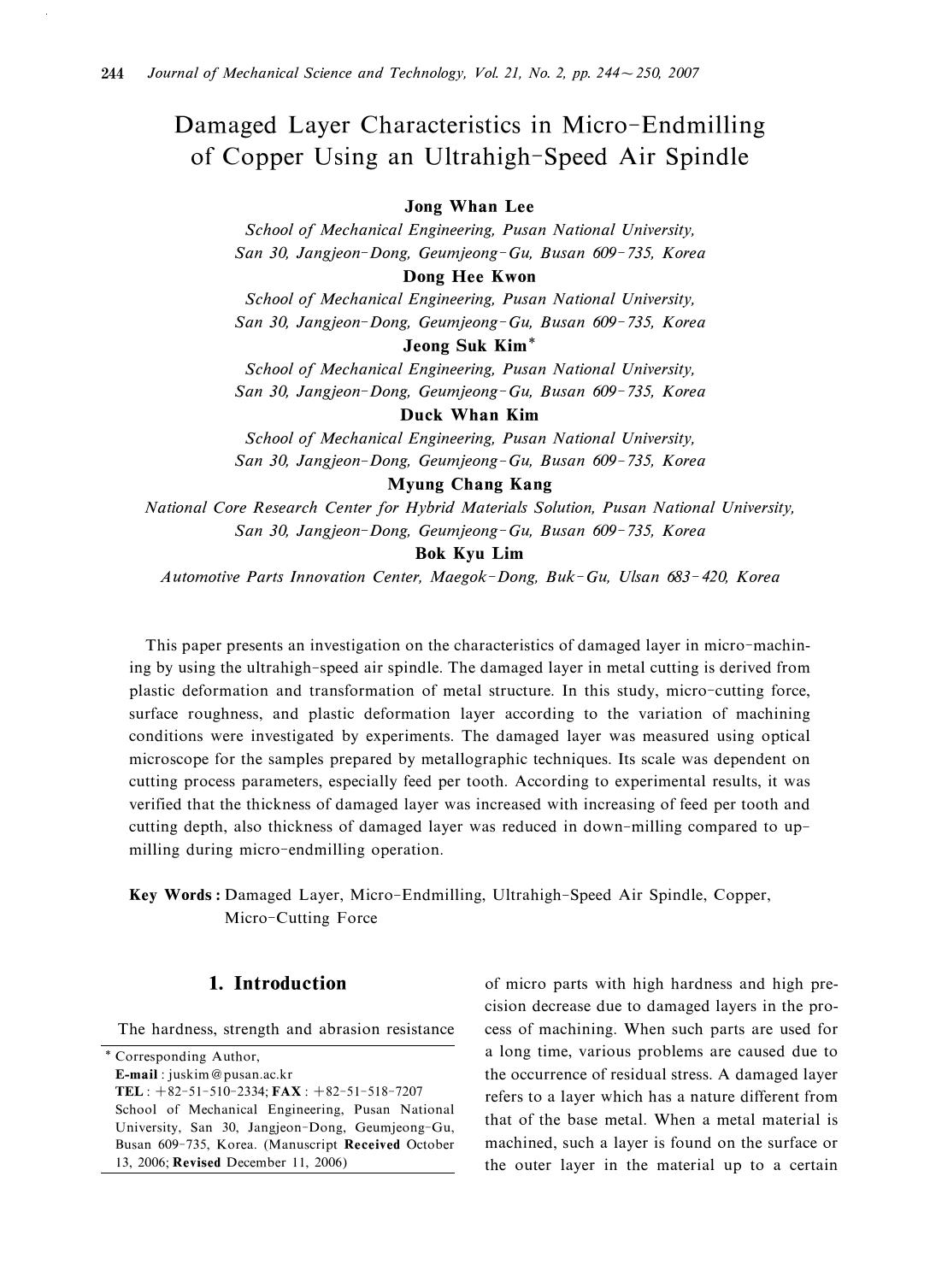 Damaged layer characteristics in micro-endmilling of copper using an ultrahigh-speed air spindle by Unknown