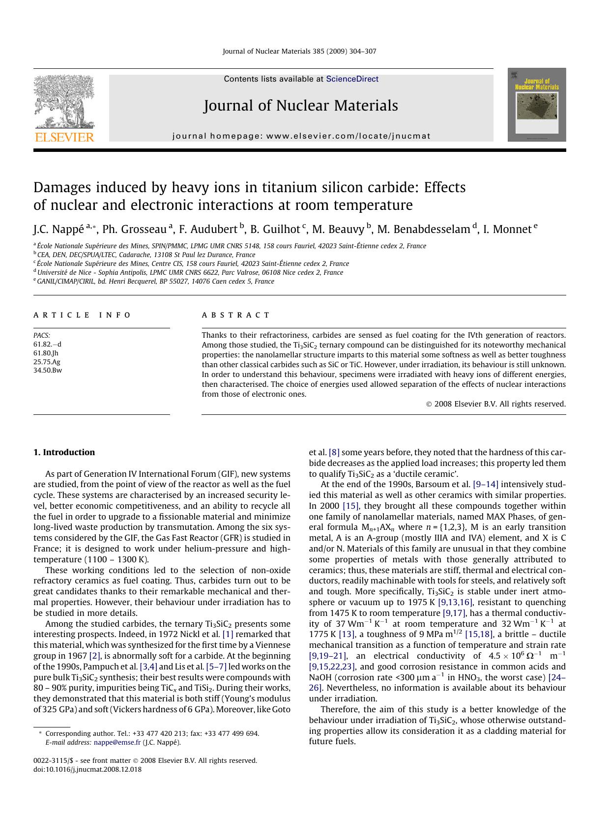 Damages induced by heavy ions in titanium silicon carbide: Effects of nuclear and electronic interactions at room temperature by J.C. Nappé; Ph. Grosseau; F. Audubert; B. Guilhot; M. Beauvy; M. Benabdesselam; I. Monnet
