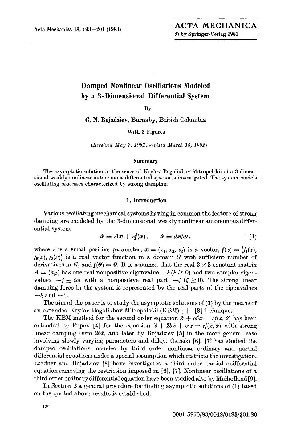 Damped nonlinear oscillations modeled by a 3-dimensional differential system by Unknown