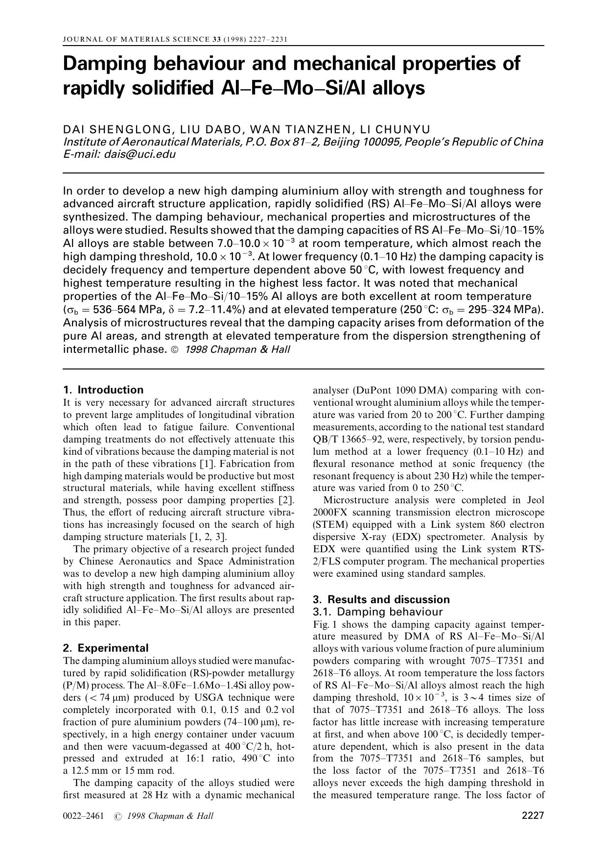 Damping behaviour and mechanical properties of rapidly solidified Al-Fe-Mo-SiAl alloys by DAI SHENGLONG LIU DABO WAN TIANZHEN LI CHUNYU