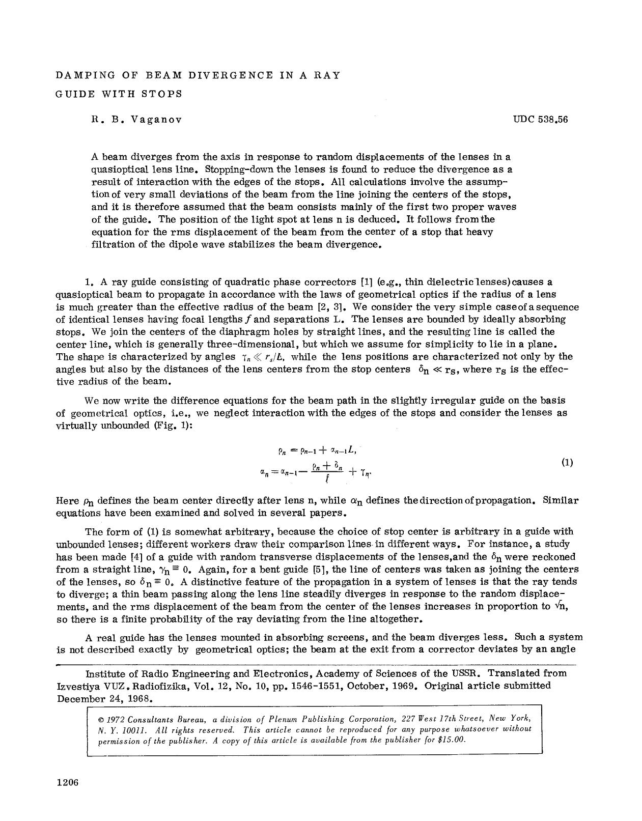 Damping of beam divergence in a ray guide with stops by Unknown