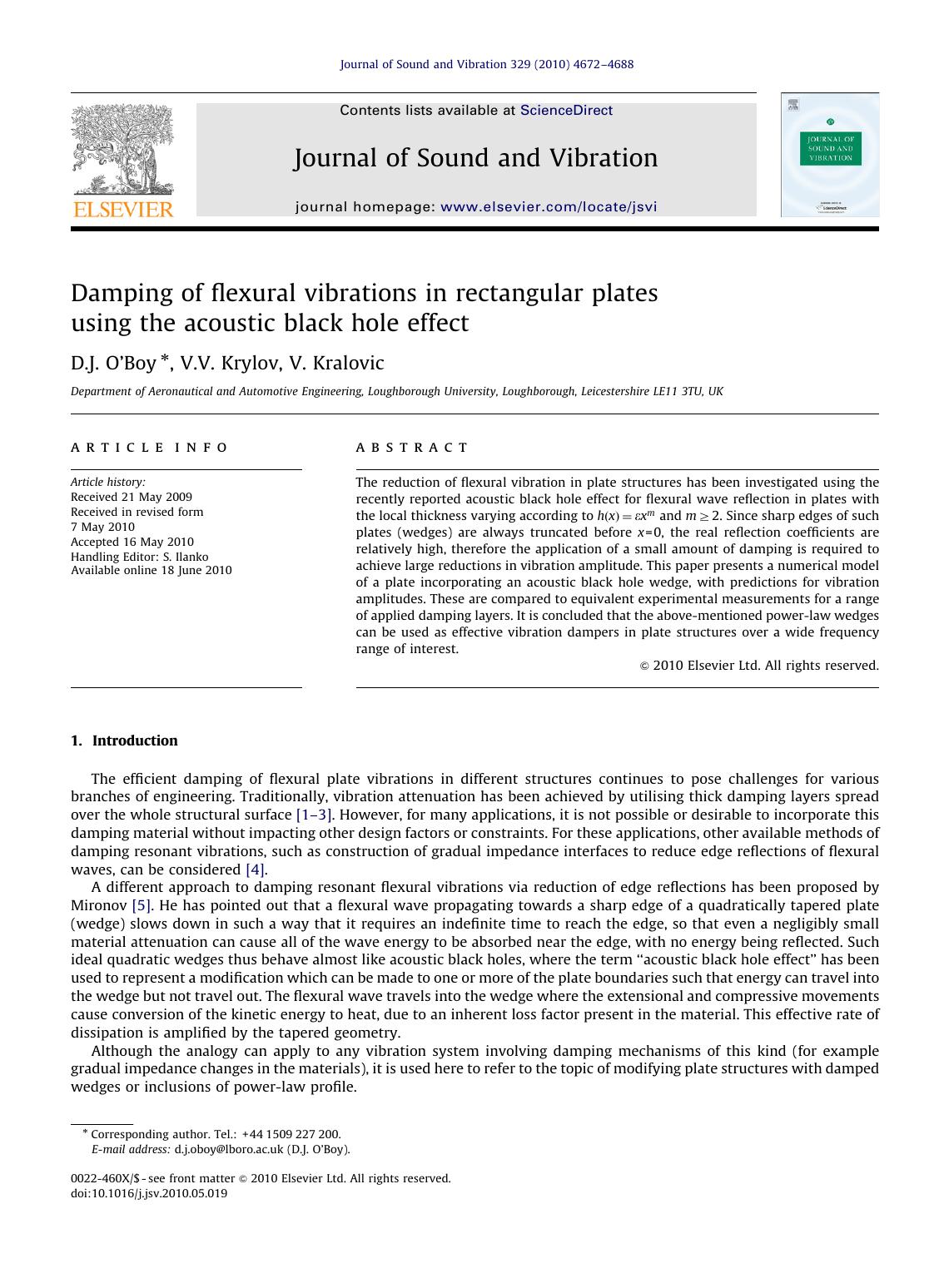 Damping of flexural vibrations in rectangular plates using the acoustic black hole effect by D.J. O’Boy; V.V. Krylov; V. Kralovic