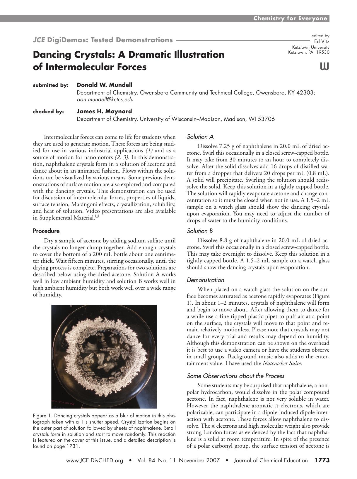 Dancing Crystals: A Dramatic Illustration of Intermolecular Forces by Donald W. Mundell