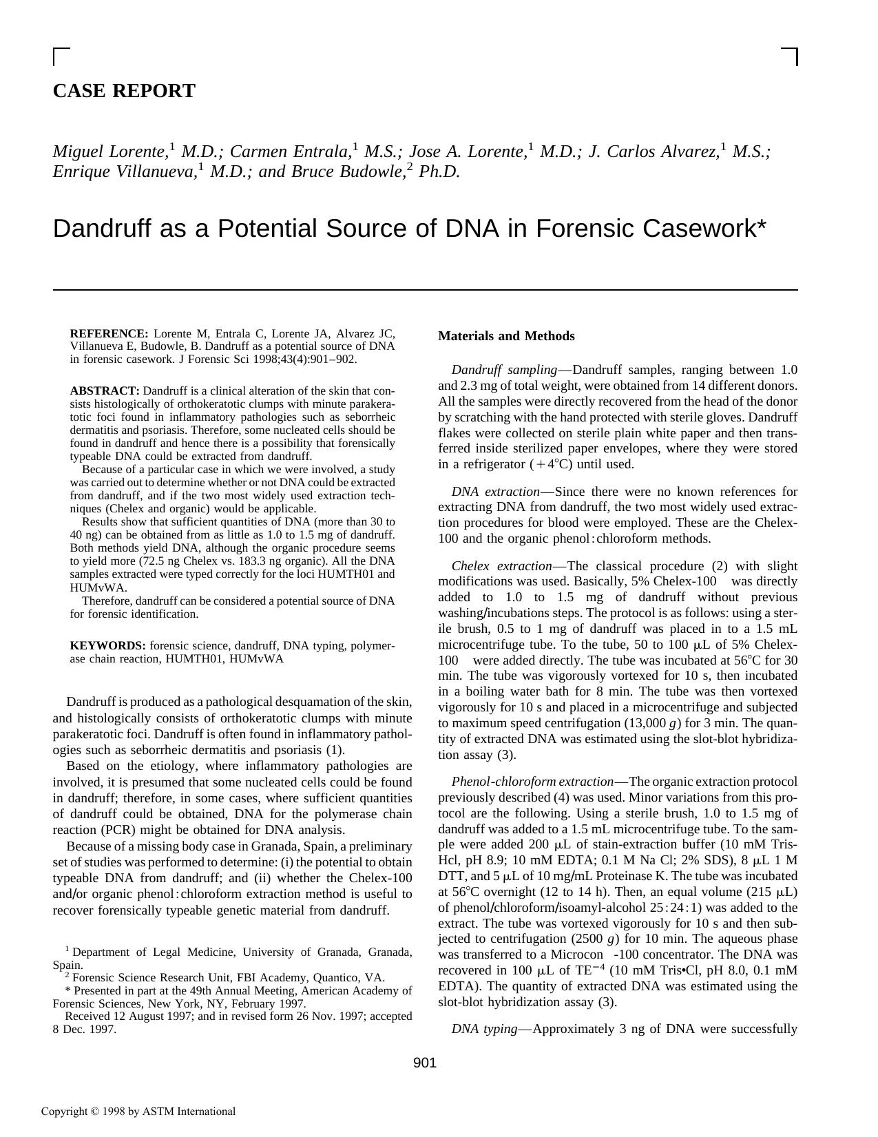 Dandruff as a potential source of DNA in forensic casework by Lorente M Entrala C Lorente JA Alvarez JC Villanueva E Budowle B
