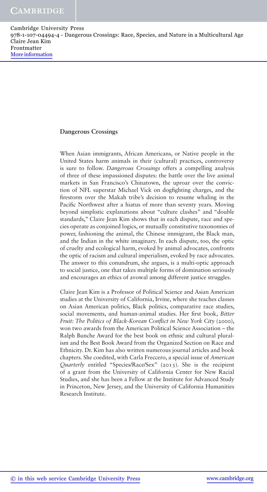 Dangerous Crossings: Race, Species, and Nature in a Multicultural Age by Claire Jean Kim