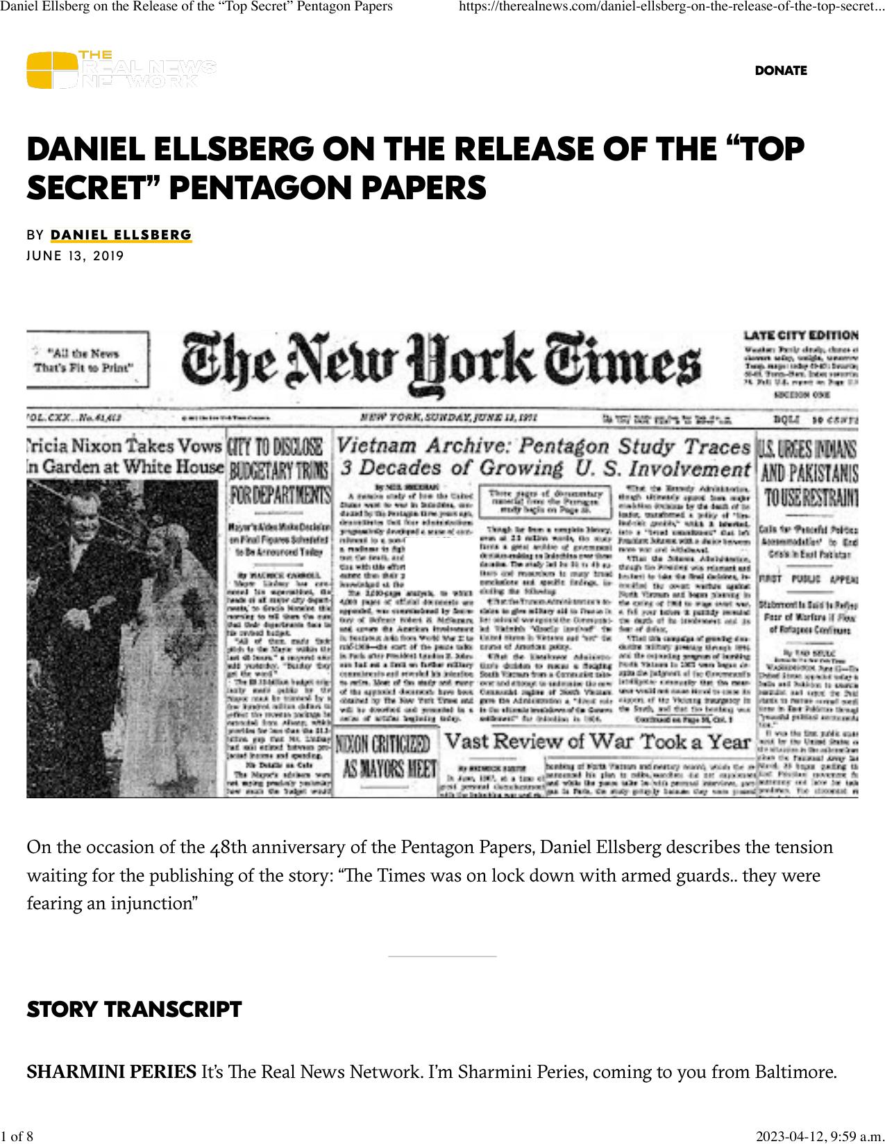 Daniel Ellsberg on the Release of the âTop Secretâ Pentagon Papers by On the Release of the “Top Secret” Pentagon Papers (2019)