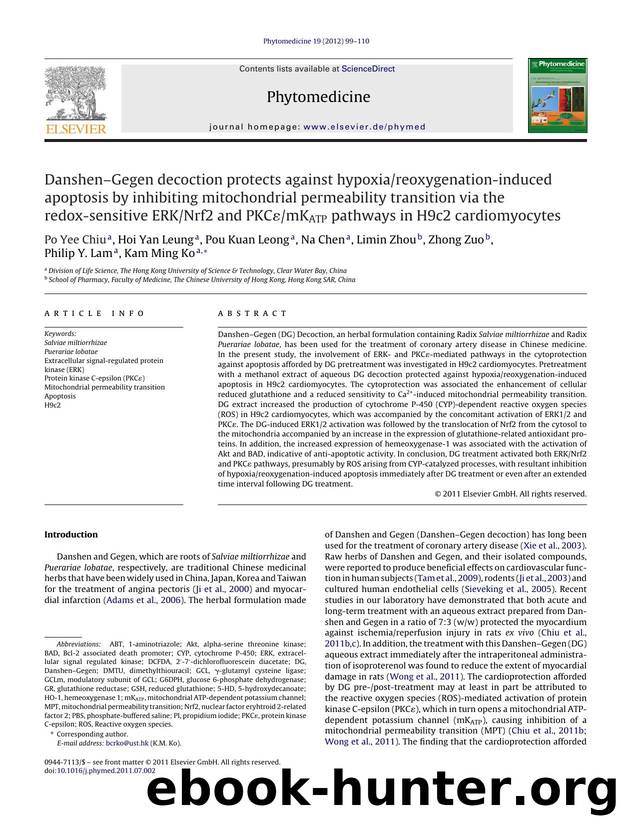 DanshenâGegen decoction protects against hypoxiareoxygenation-induced apoptosis by inhibiting mitochondrial permeability transition via the redox-sensitive ERKNrf2 and PKCÉmKATP by Po Yee Chiu