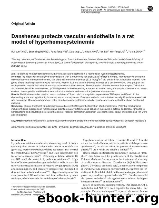 Danshensu protects vascular endothelia in a rat model of hyperhomocysteinemia by unknow