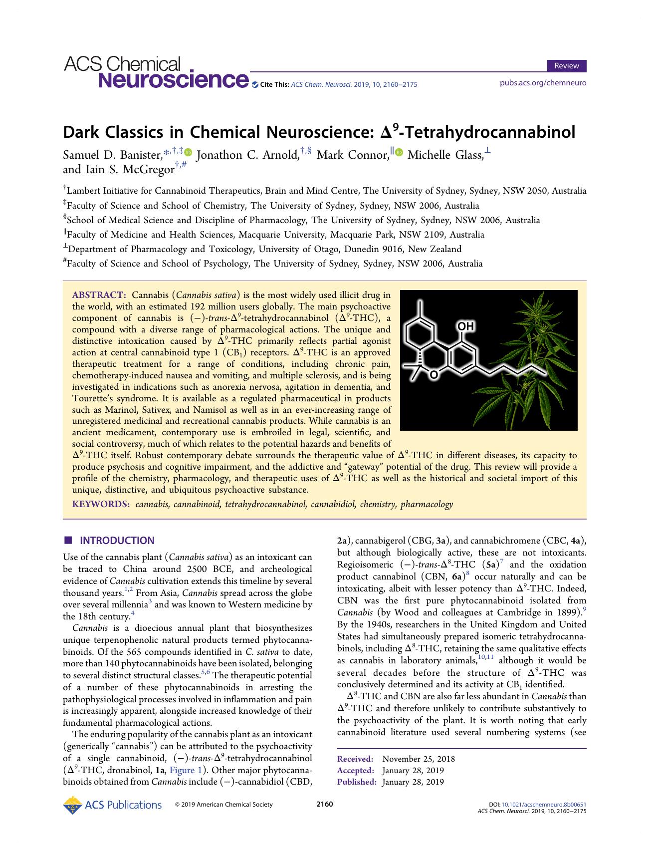 Dark Classics in Chemical Neuroscience: Î9-Tetrahydrocannabinol by Samuel D. Banister Jonathon C. Arnold Mark Connor Michelle Glass and Iain S. McGregor