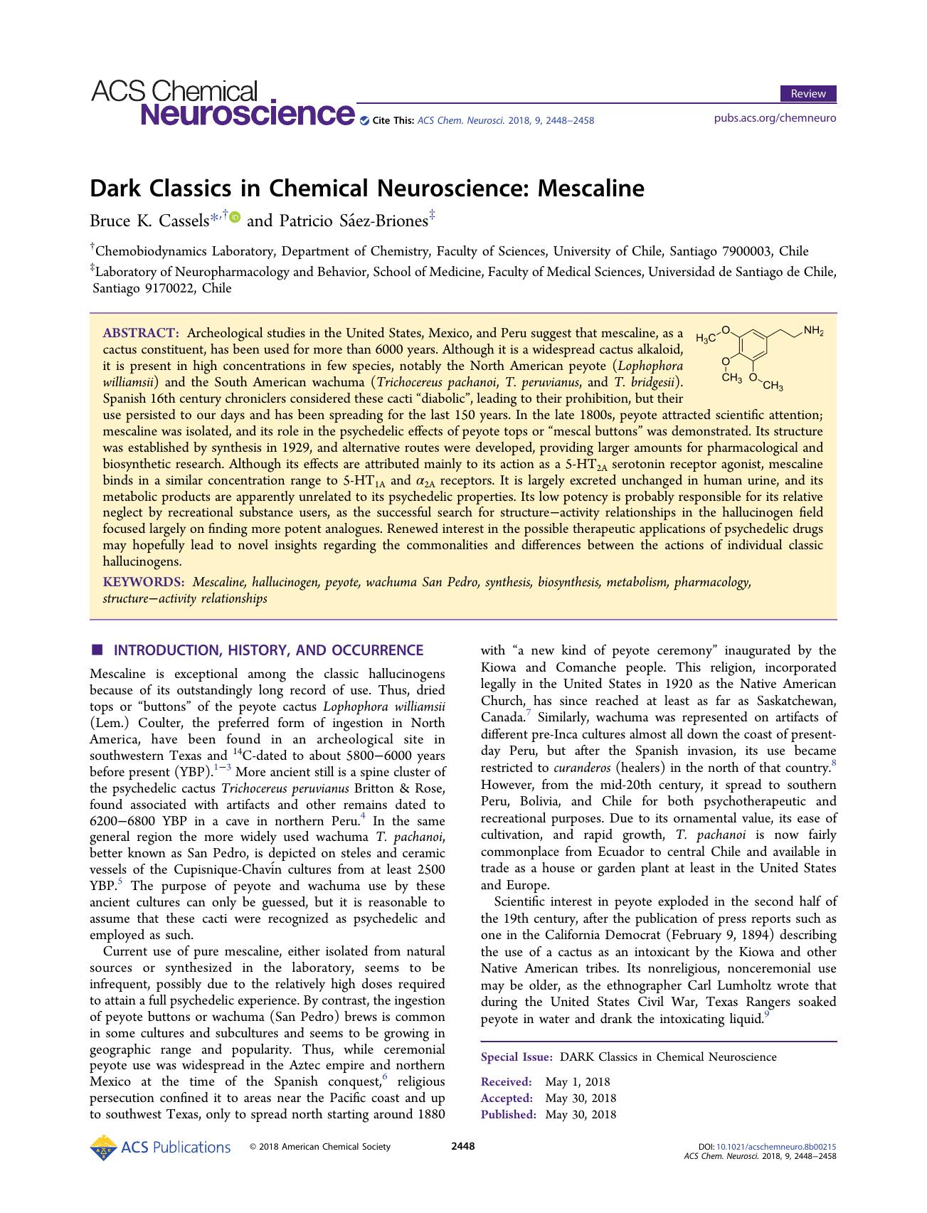 Dark Classics in Chemical Neuroscience: Mescaline by Bruce K. Cassels and Patricio Sáez-Briones
