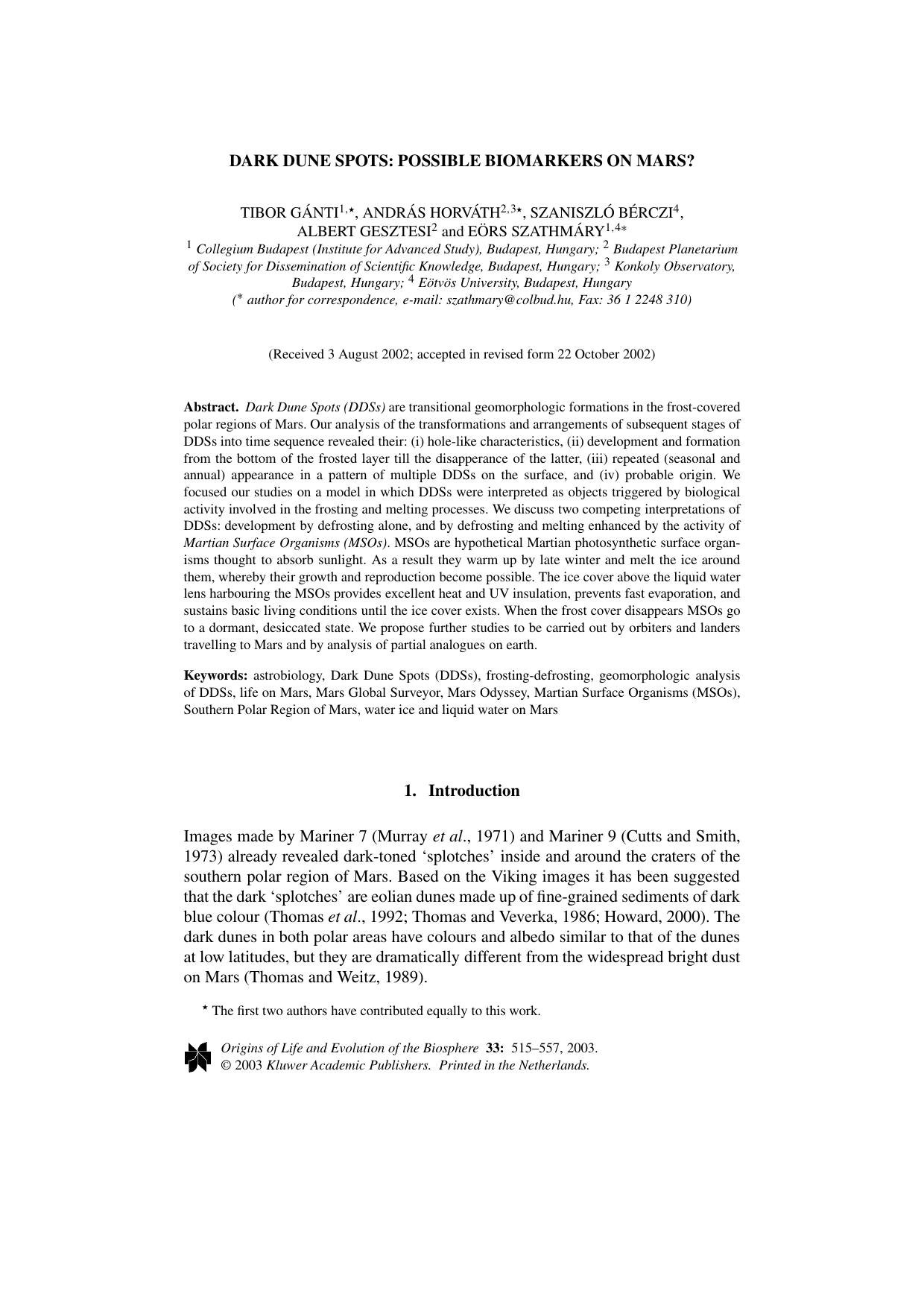 Dark Dune Spots: Possible Biomarkers on Mars? by Unknown