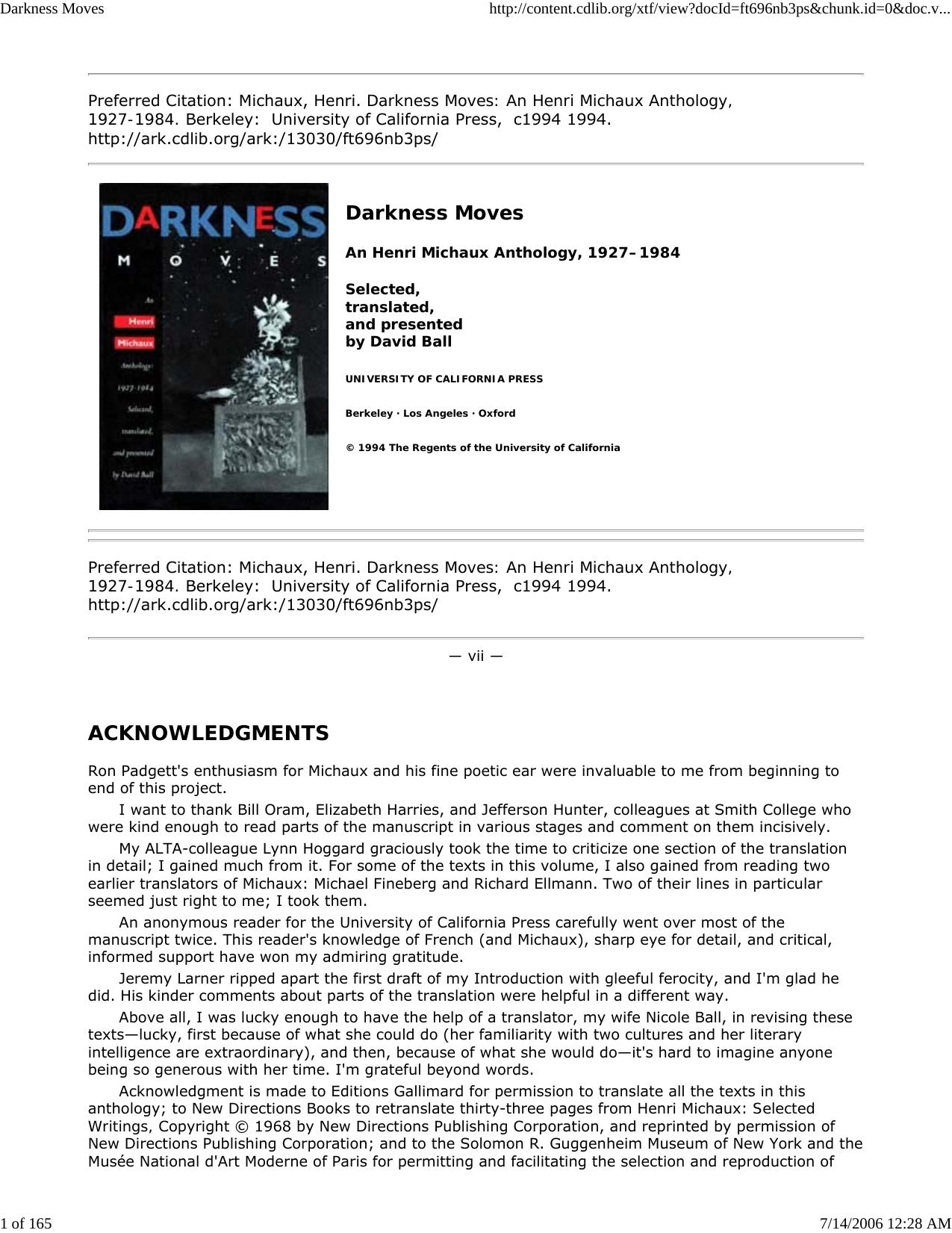 Darkness Moves: An Henri Michaux Anthology, 1927-1984 by Henri Michaux