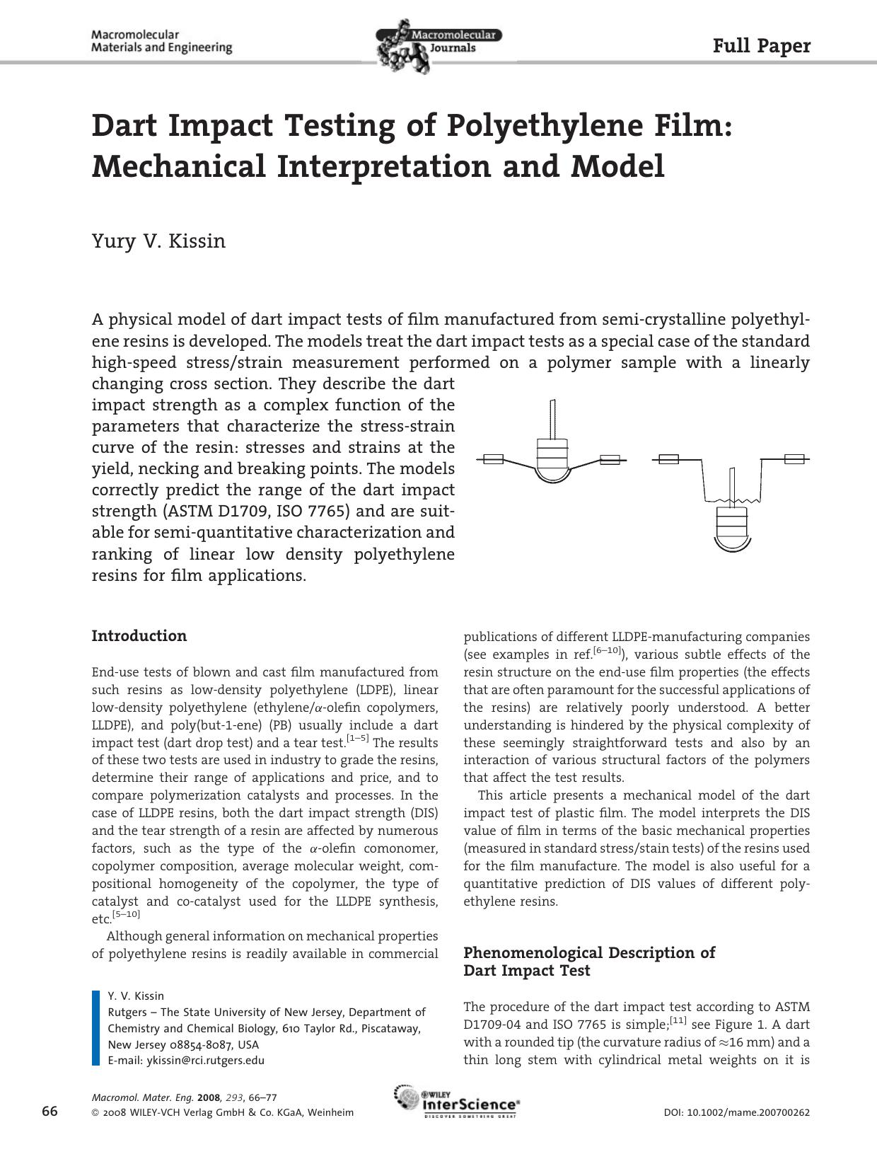 Dart Impact Testing of Polyethylene Film: Mechanical Interpretation and Model by Unknown