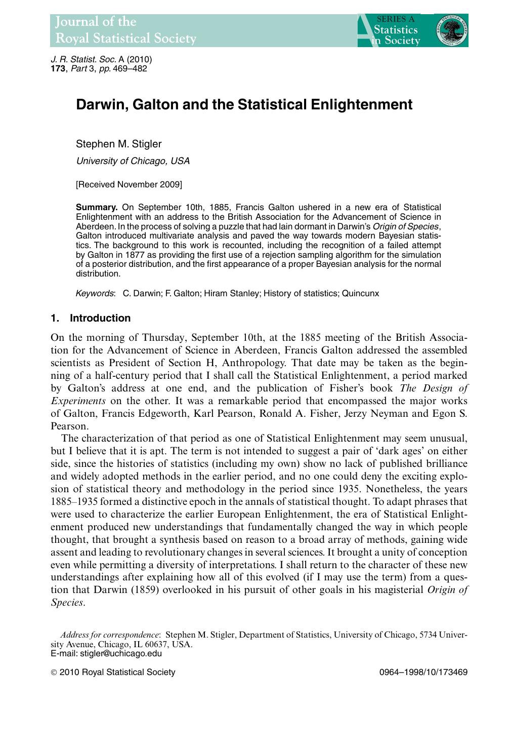 Darwin, Galton and the Statistical Enlightenment by Sci Publ Svcs (Chennai India) 4507 2000 Jan 05 15:06:23