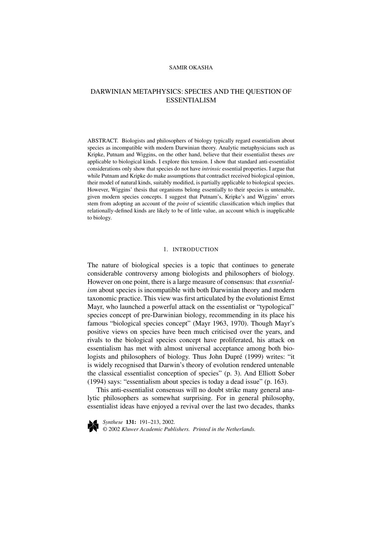 Darwinian Metaphysics: Species And The Question Of Essentialism by Species & the Question of Essentialism