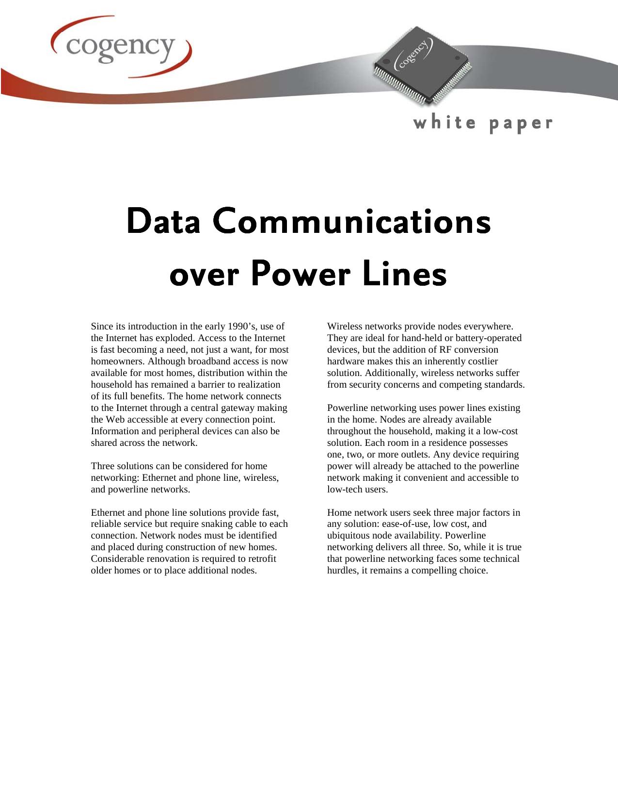 Data Communications over Power Lines by Cogency Semiconductor Inc