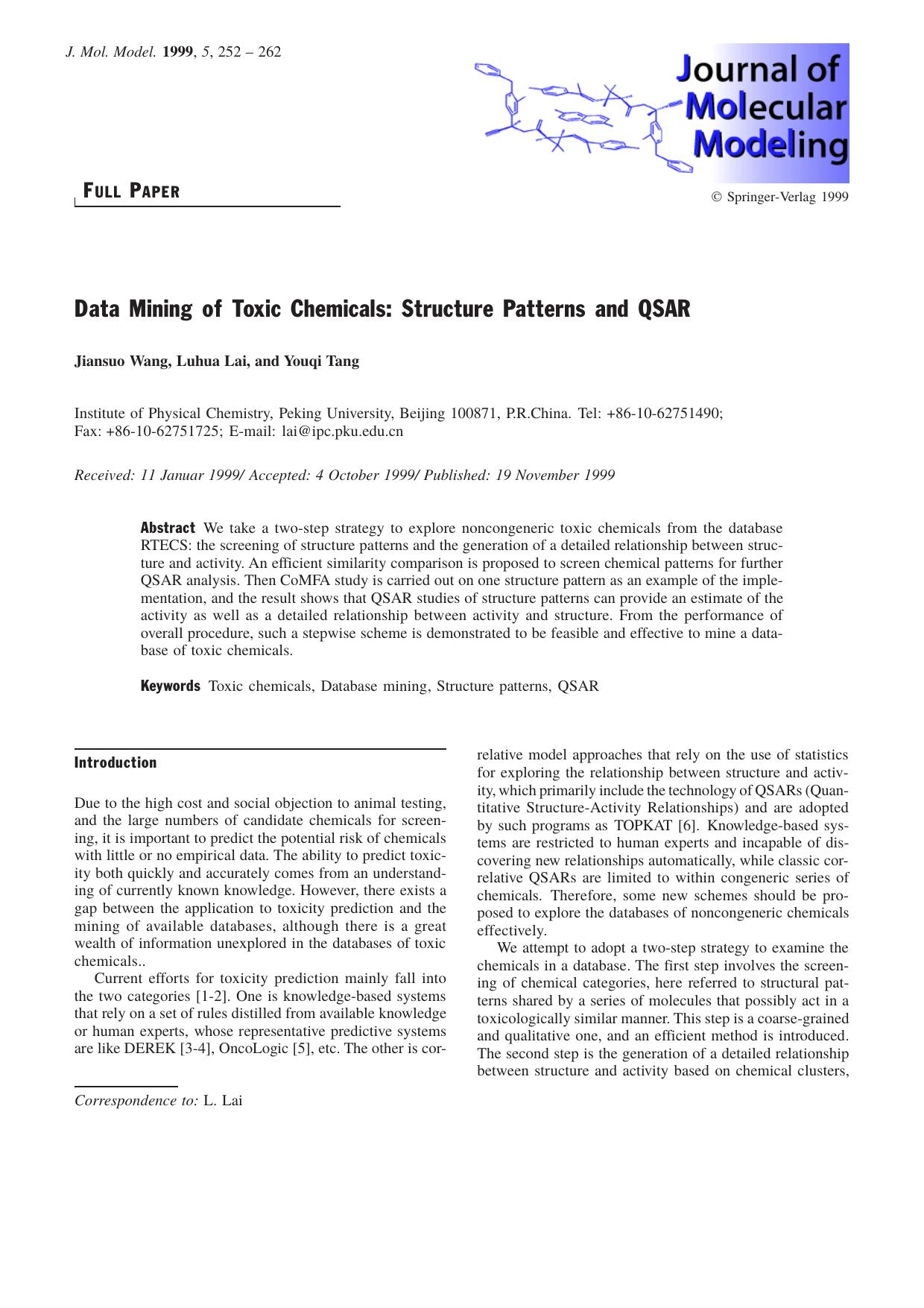 Data Mining of Toxic Chemicals: Structure Patterns and QSAR by Jiansuo Wang Luhua Lai Youqi Tang