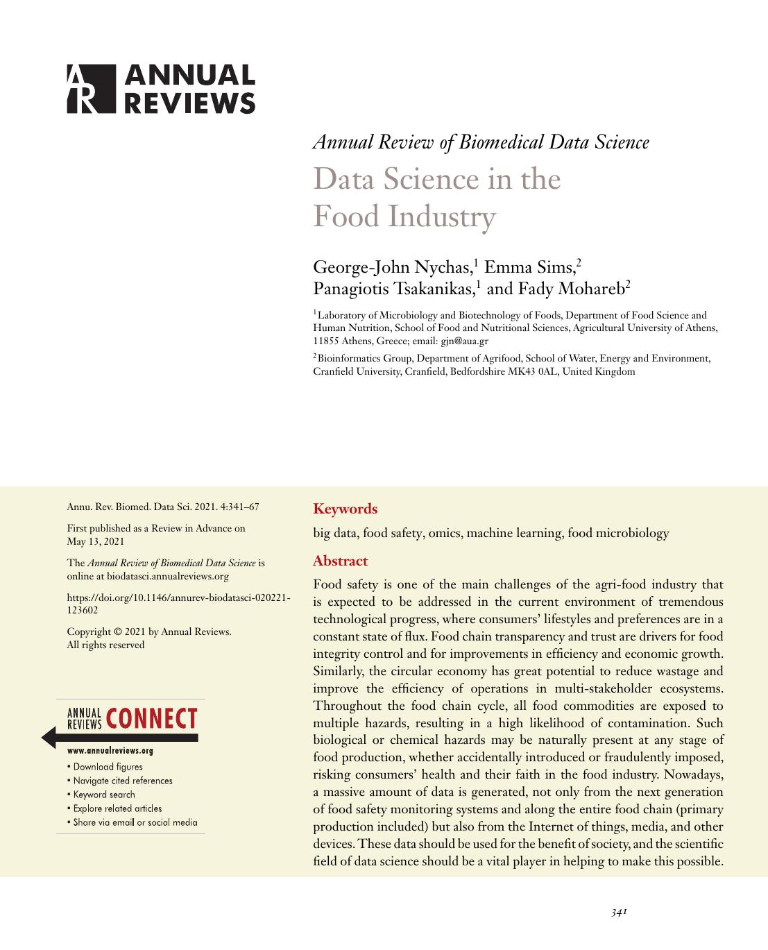 Data Science in the Food Industry by George-John Nychas Emma Sims Panagiotis Tsakanikas Fady Mohareb