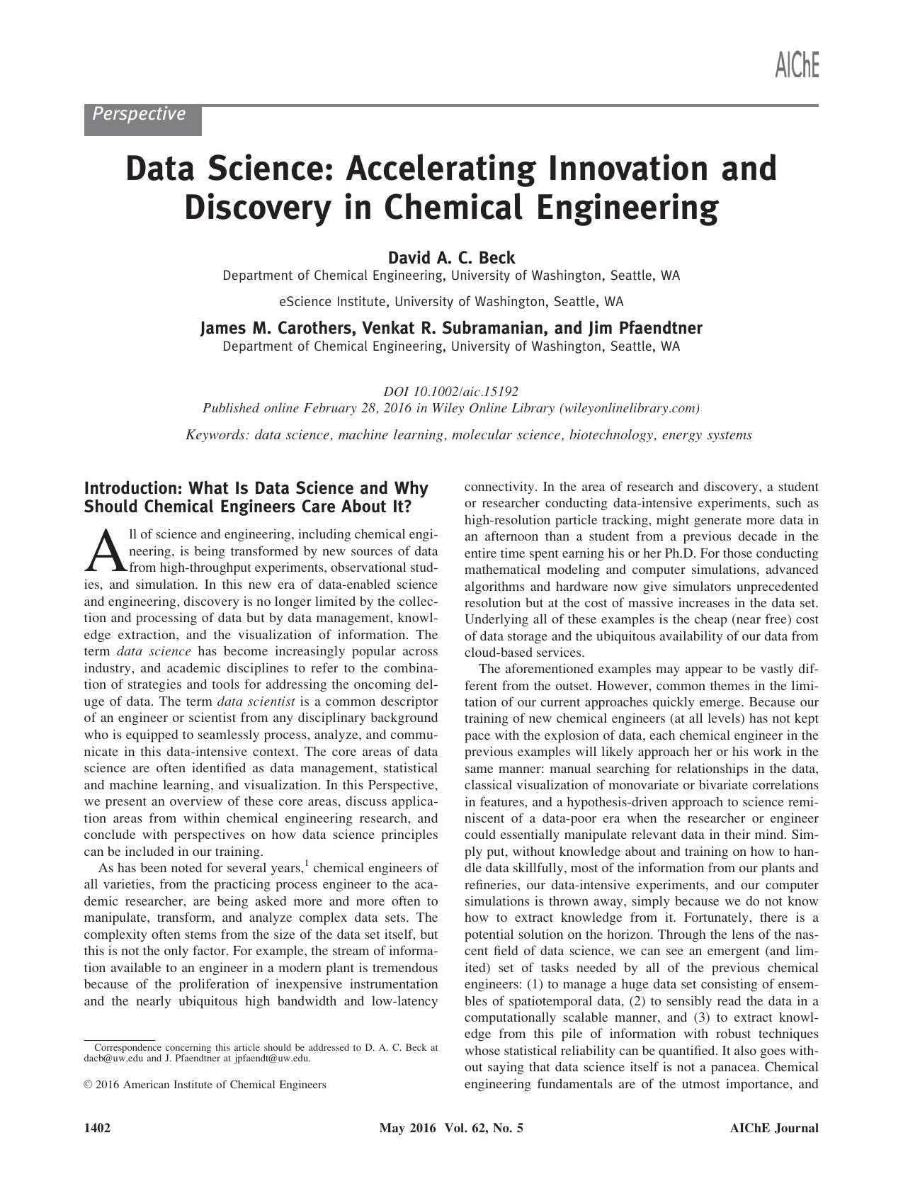 Data Science: Accelerating Innovation and Discovery in Chemical Engineering by Unknown