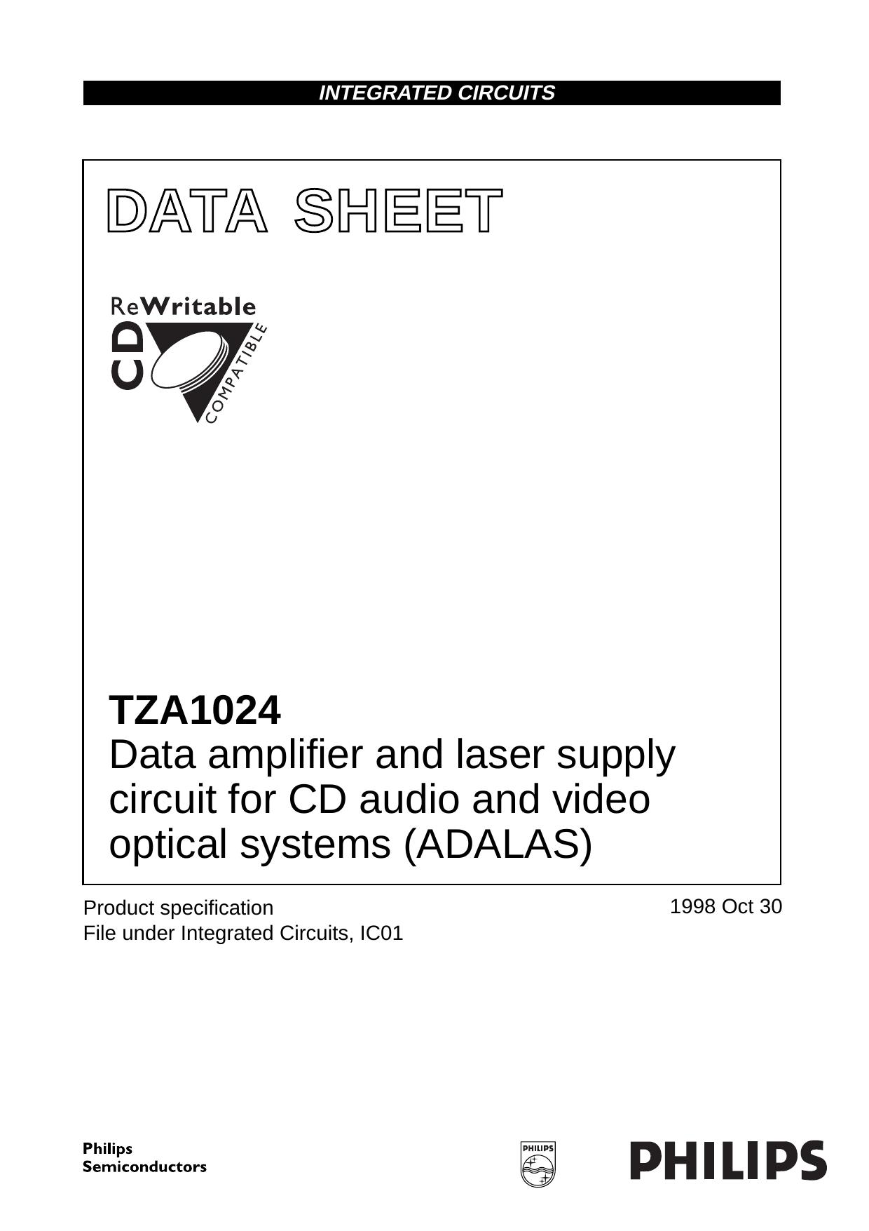 Data amplifier and laser supply circuit for CD audio and video optical systems (ADALAS) by Philips Semiconductors