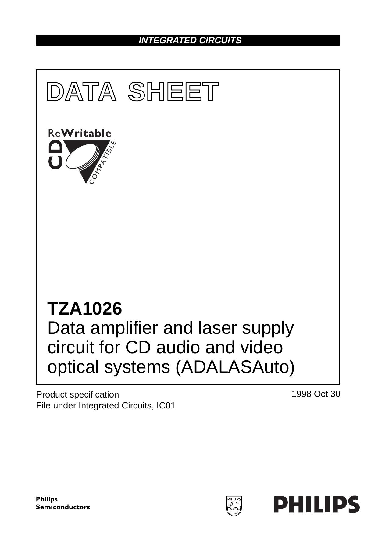 Data amplifier and laser supply circuit for CD audio and video optical systems (ADALASAuto) by Philips Semiconductors