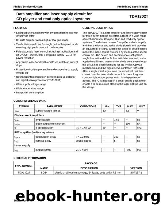 Data amplifier and laser supply circuit for CD player and read only optical systems by Philips Semiconductors