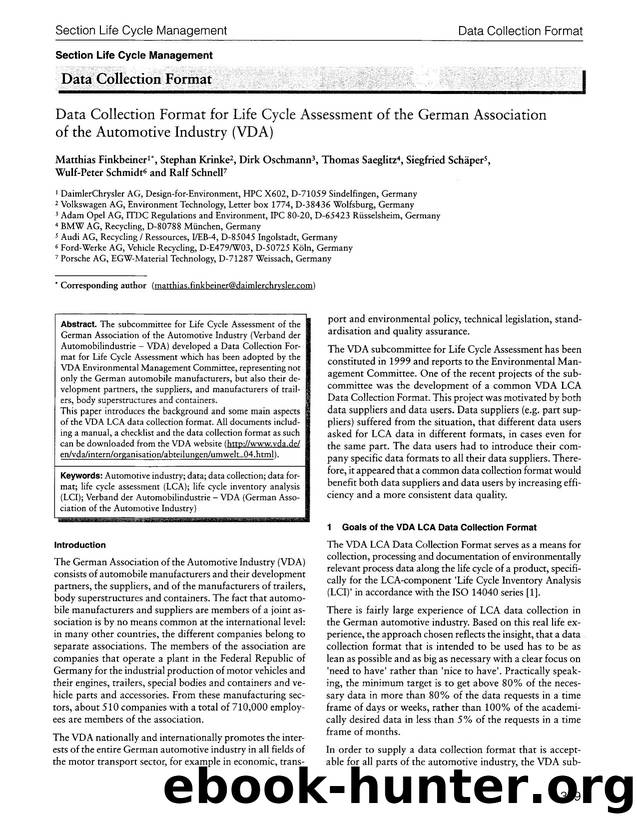 Data collection format for life cycle assessment of the german association of the automotive industry (VDA) by Unknown