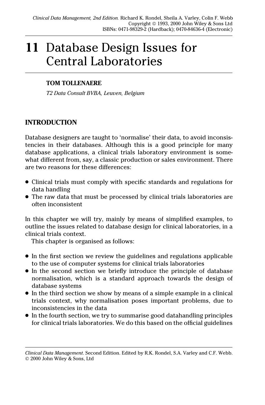 Database Design Issues for Central Laboratories". In: Clinical Data Management by supervisor