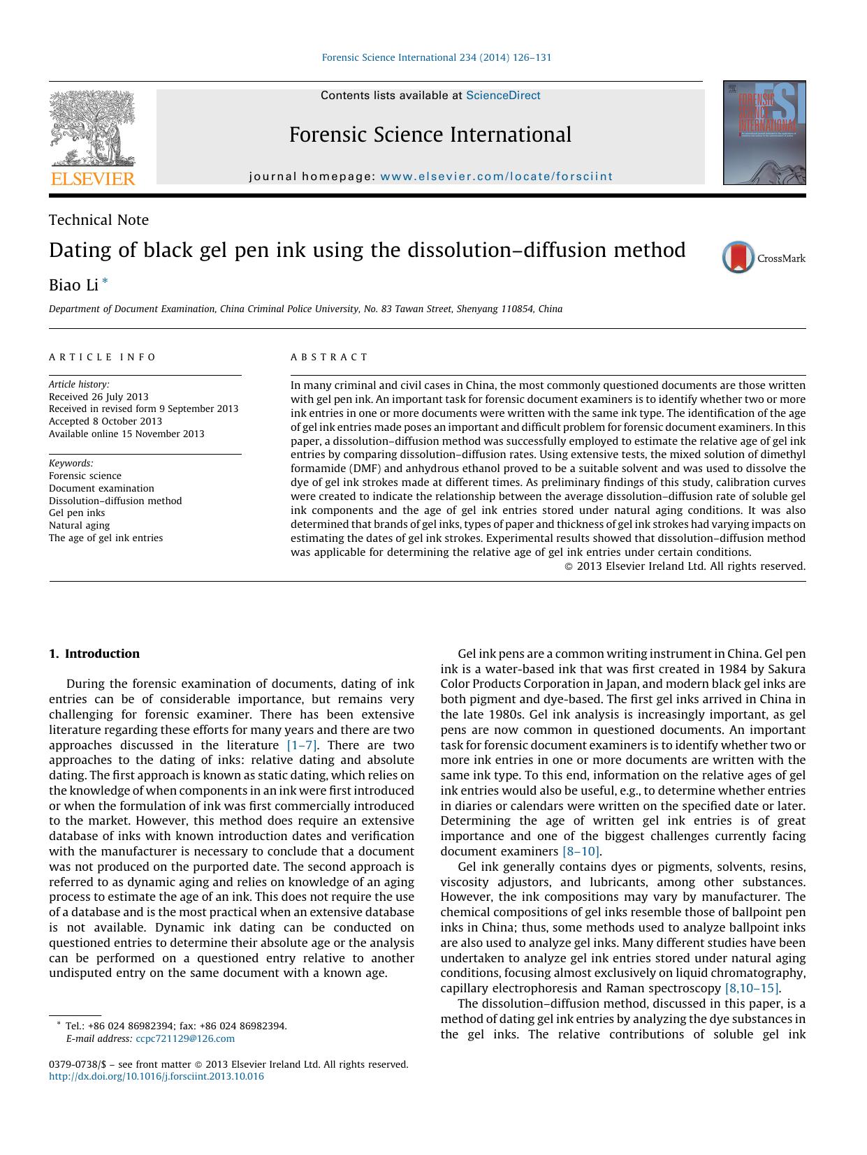 Dating of black gel pen ink using the dissolutionâdiffusion method by Biao Li