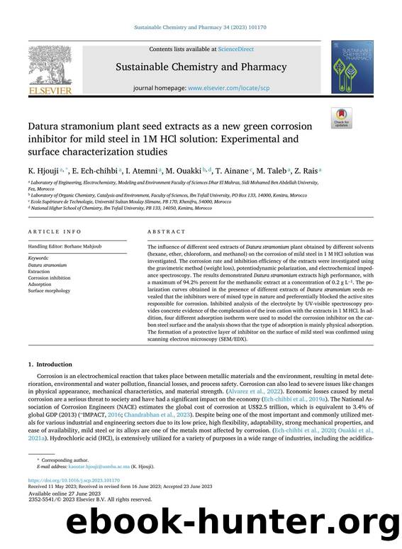 Datura stramonium plant seed extracts as a new green corrosion inhibitor for mild steel in 1M HCl solution: Experimental and surface characterization studies by K. Hjouji & E. Ech-chihbi & I. Atemni & M. Ouakki & T. Ainane & M. Taleb & Z. Rais