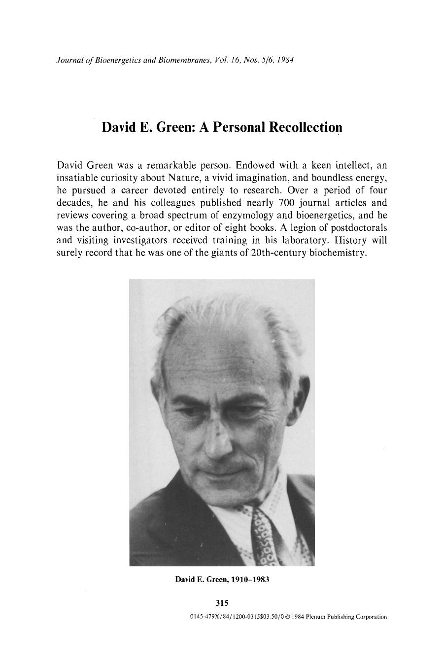David E. Green: A personal recollection by Unknown