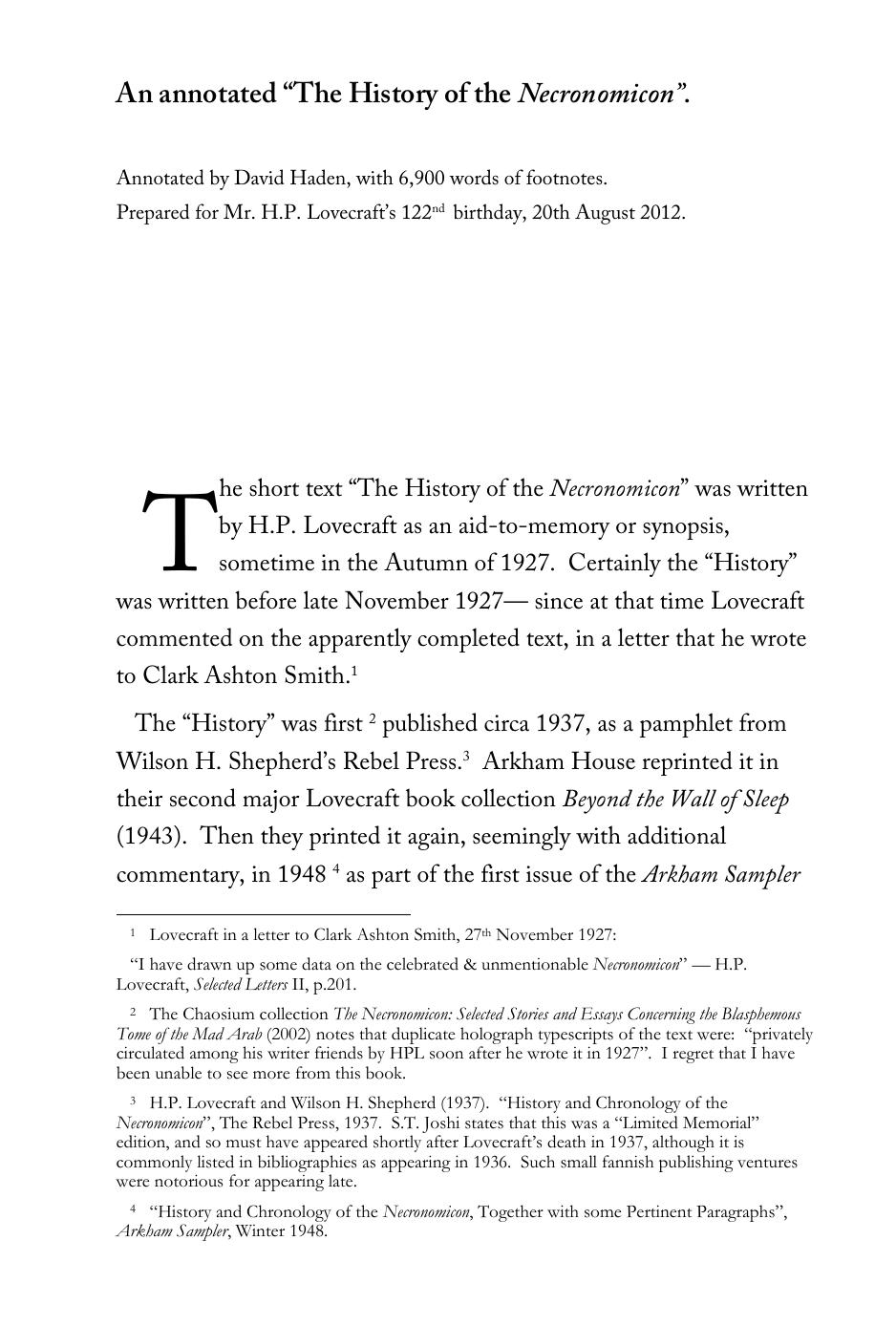 David Haden and H. P. Lovercraft by An Annotated The History of the Necronomicon