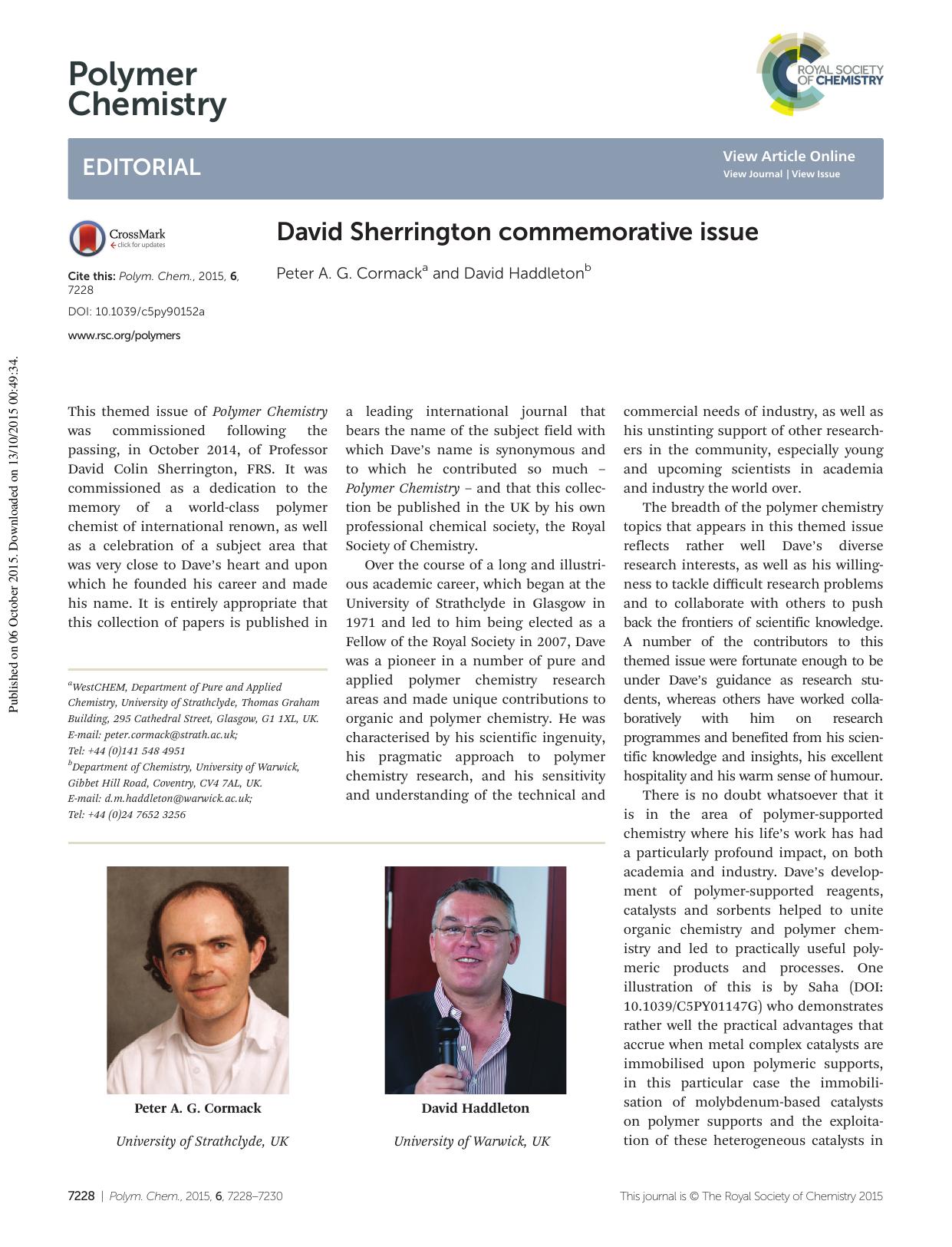 David Sherrington commemorative issue by Peter A. G. Cormack David Haddleton