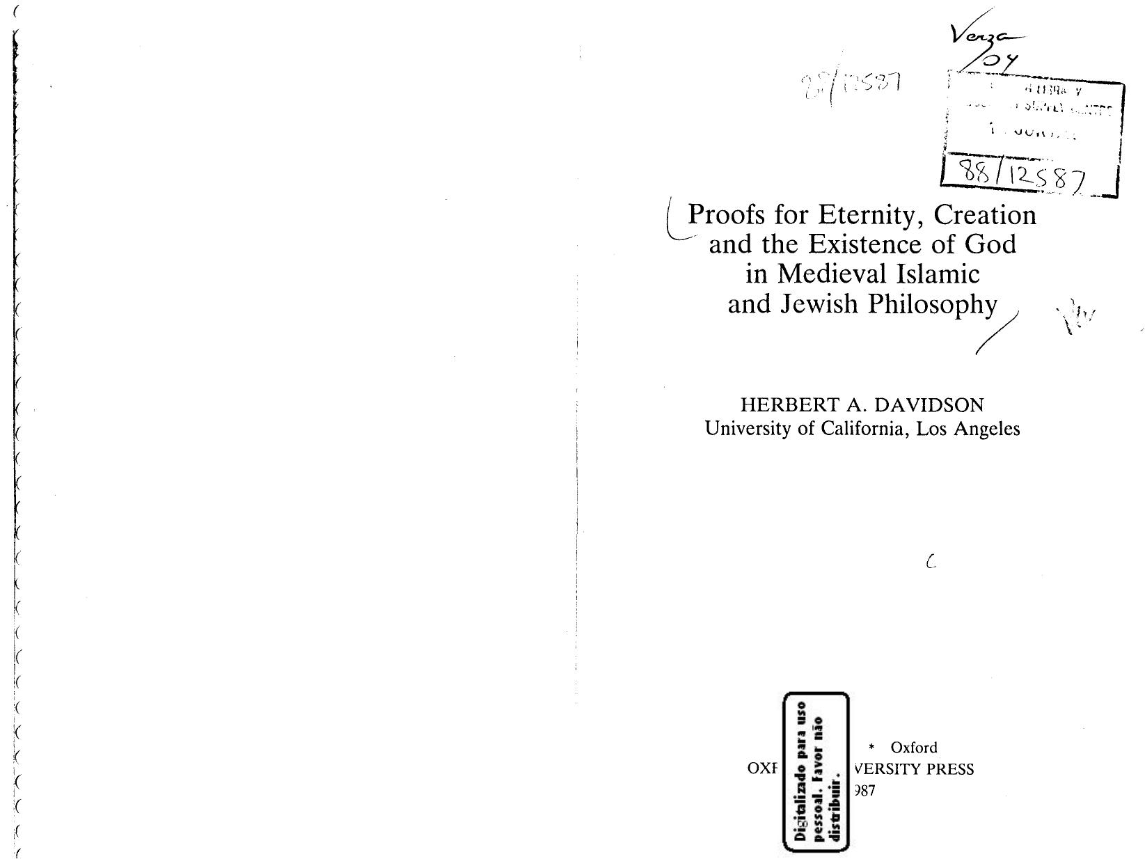 Davidson by Proofs for Eternity Creation & the Existence of God in Medieval Islamic & Jewish Philosophy (1987)
