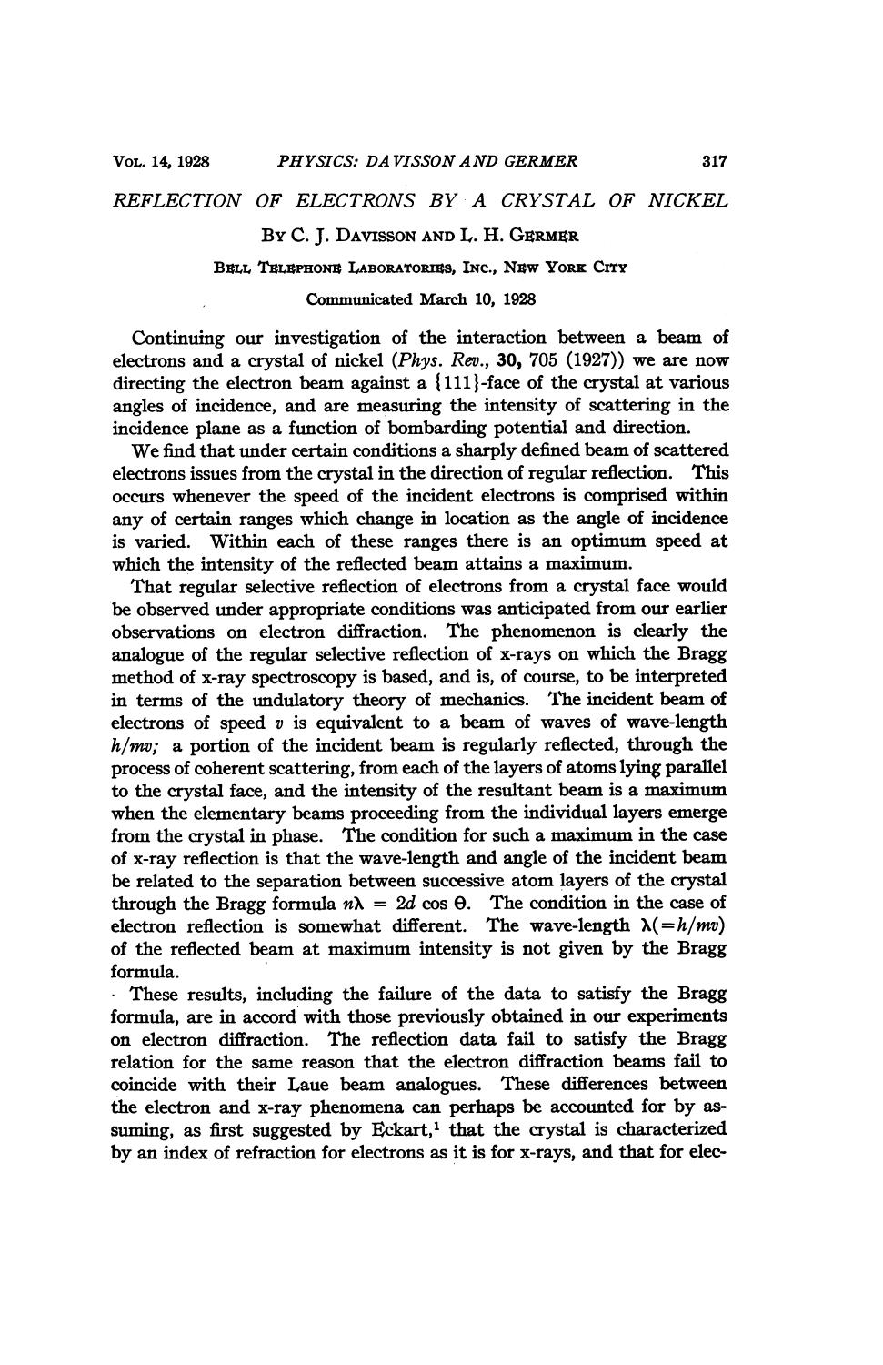 Davisson C. J. by Reflection of Electrons by a Crystal of Nickel (1928)(6s)