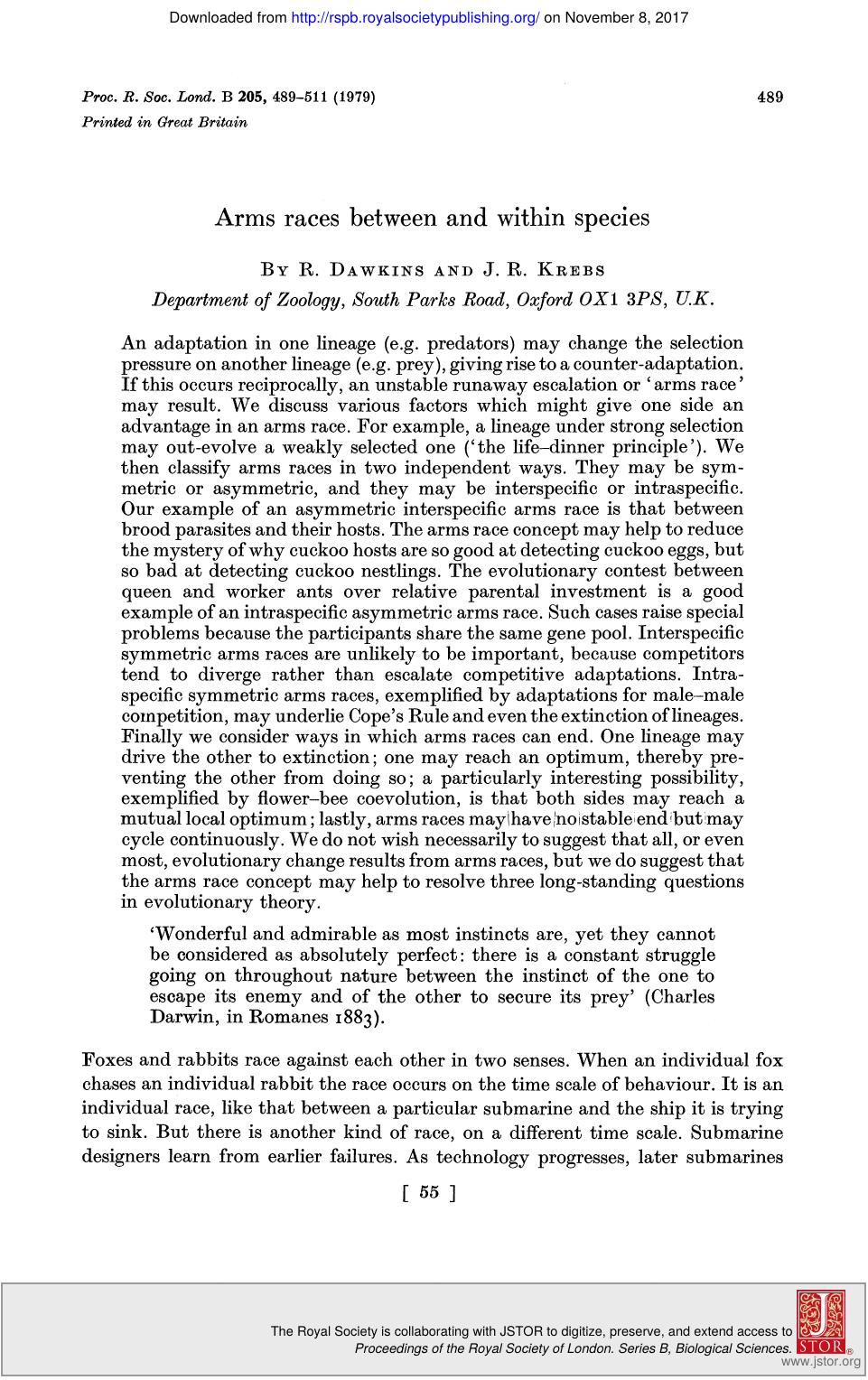 Dawkins, Richard by Arms races between & within species (1979)