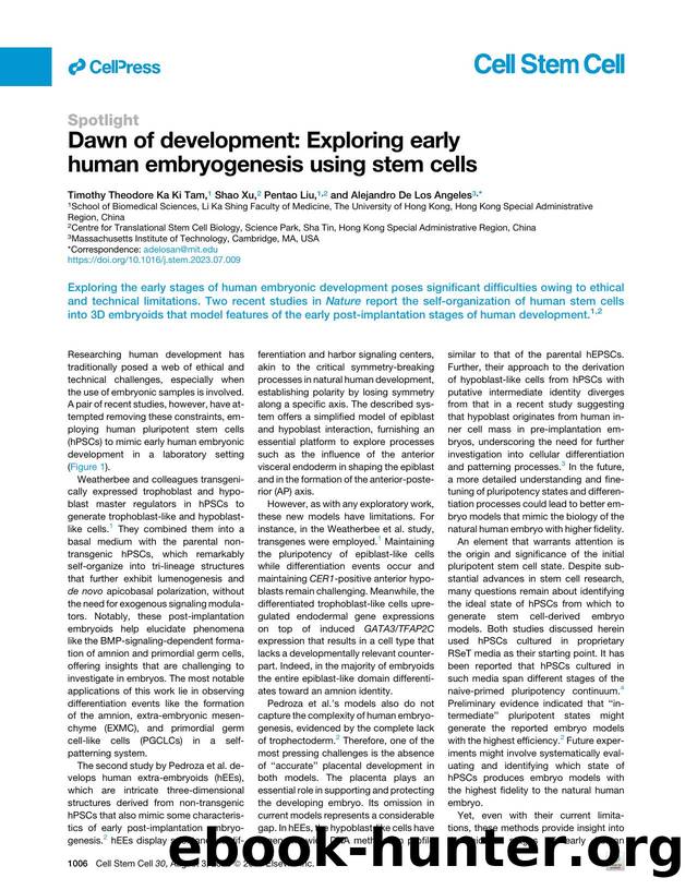 Dawn of development: Exploring early human embryogenesis using stem cells by Timothy Theodore Ka Ki Tam & Shao Xu & Pentao Liu & Alejandro De Los Angeles