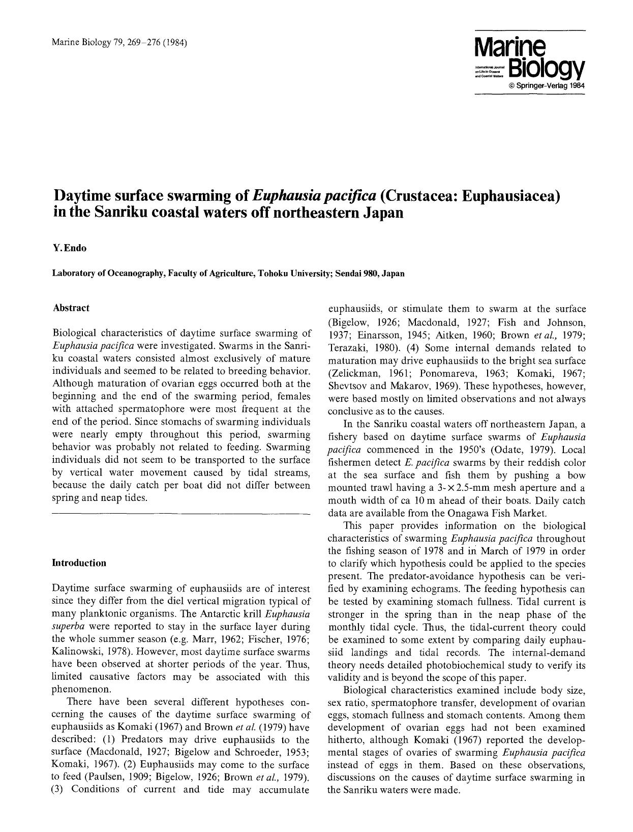 Daytime surface swarming of <Emphasis Type="Italic">Euphausia pacifica<Emphasis> (Crustacea: Euphausiacea) in the Sanriku coastal waters of northeastern Japan by Unknown
