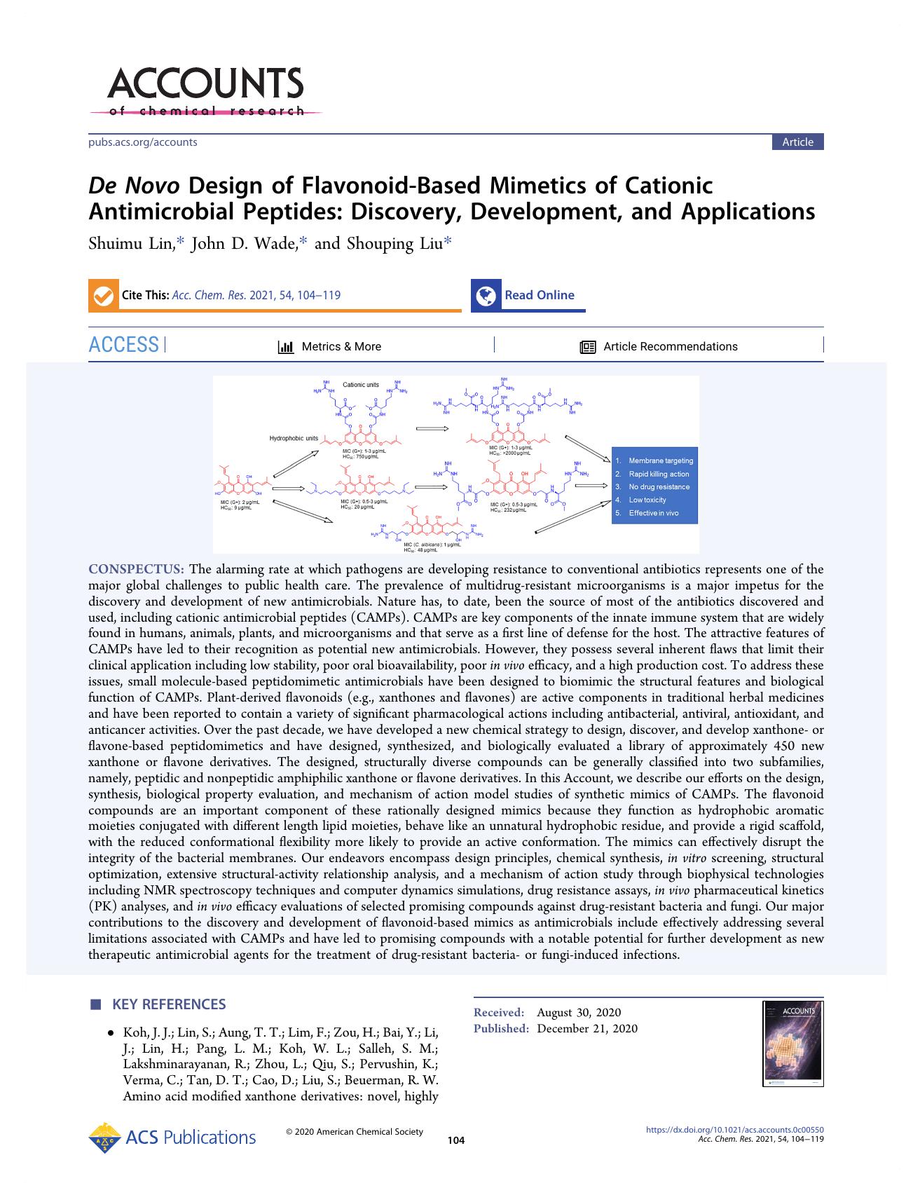 De Novo Design of Flavonoid-Based Mimetics of Cationic Antimicrobial Peptides: Discovery, Development, and Applications by Shuimu Lin; John D. Wade; Shouping Liu