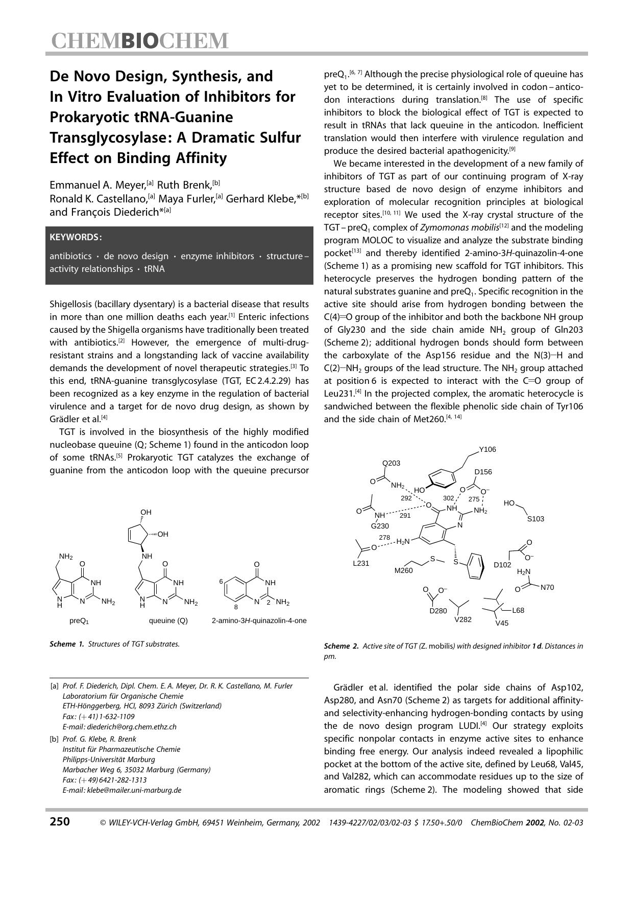 De Novo Design, Synthesis, and In Vitro Evaluation of Inhibitors for Prokaryotic tRNA-Guanine Transglycosylase: A Dramatic Sulfur Effect on Binding Affinity by Unknown