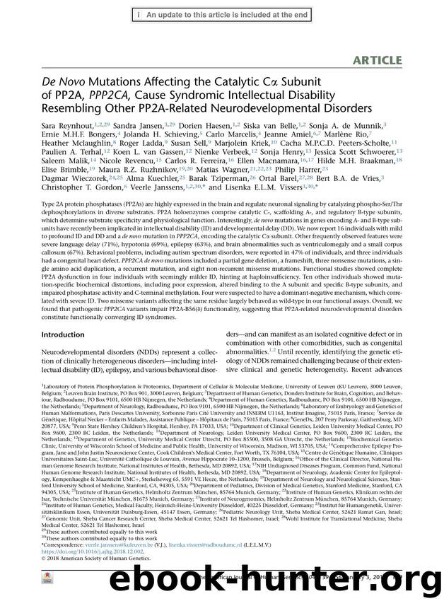 De Novo Mutations Affecting the Catalytic C&alpha; Subunit of PP2A, PPP2CA, Cause Syndromic Intellectual Disability Resembling Other PP2A-Related Neurodevelopmental Disorders by unknow
