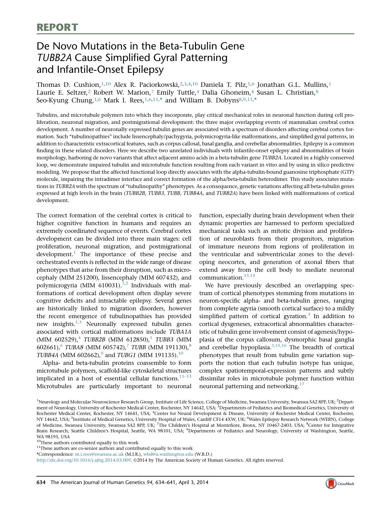 De Novo Mutations in the Beta-Tubulin Gene TUBB2A Cause Simplified Gyral Patterning and Infantile-Onset Epilepsy by unknow