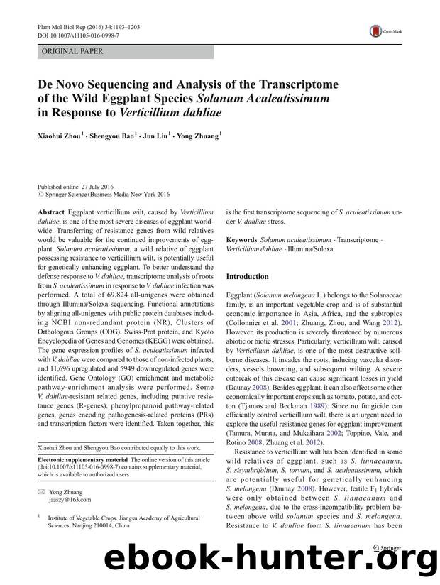 De Novo Sequencing and Analysis of the Transcriptome of the Wild Eggplant Species Solanum Aculeatissimum in Response to Verticillium dahliae by Xiaohui Zhou & Shengyou Bao & Jun Liu & Yong Zhuang
