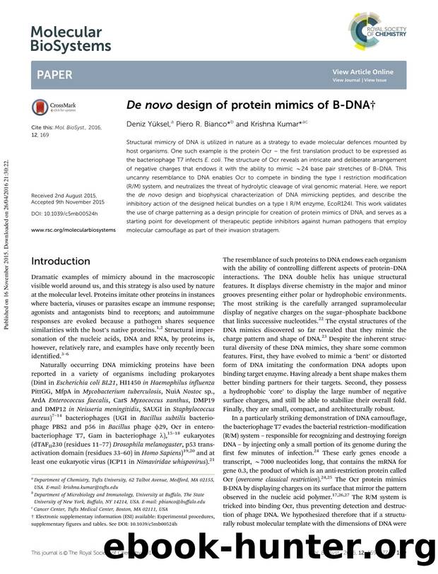 De novo design of protein mimics of B-DNA by Deniz Y&&#xfc;ksel & Piero R. Bianco & Krishna Kumar