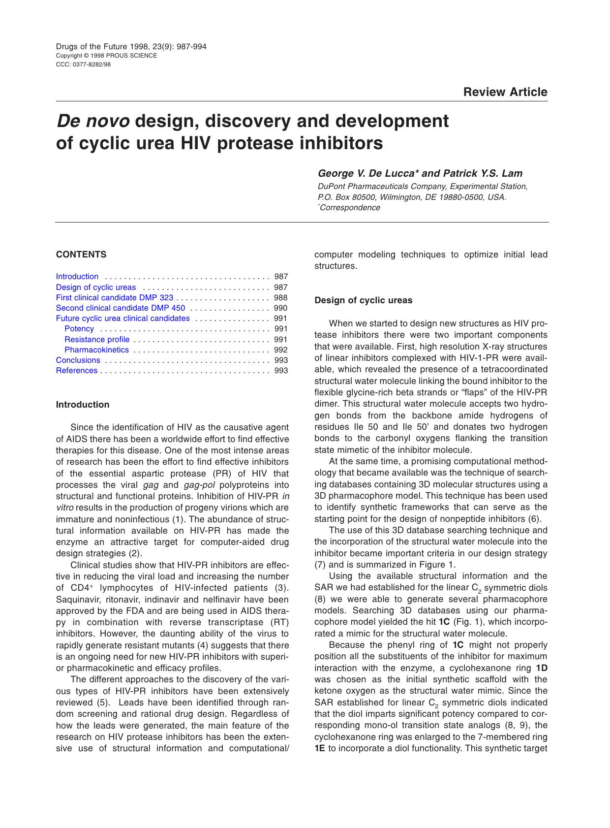 De novo design, discovery and development of cyclic urea HIV protease inhibitors by Prous Science (c) 1998