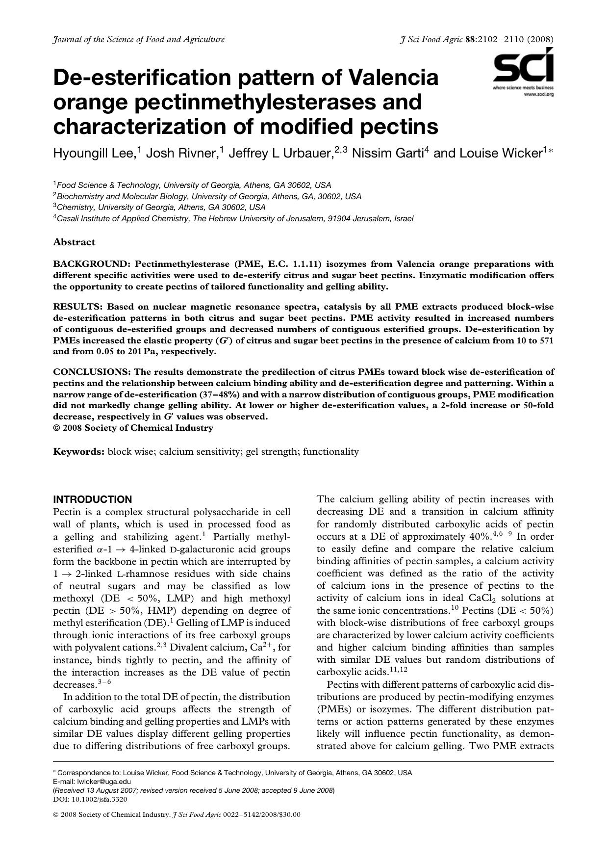 De-esterification pattern of Valencia orange pectinmethylesterases and characterization of modified pectins by Unknown