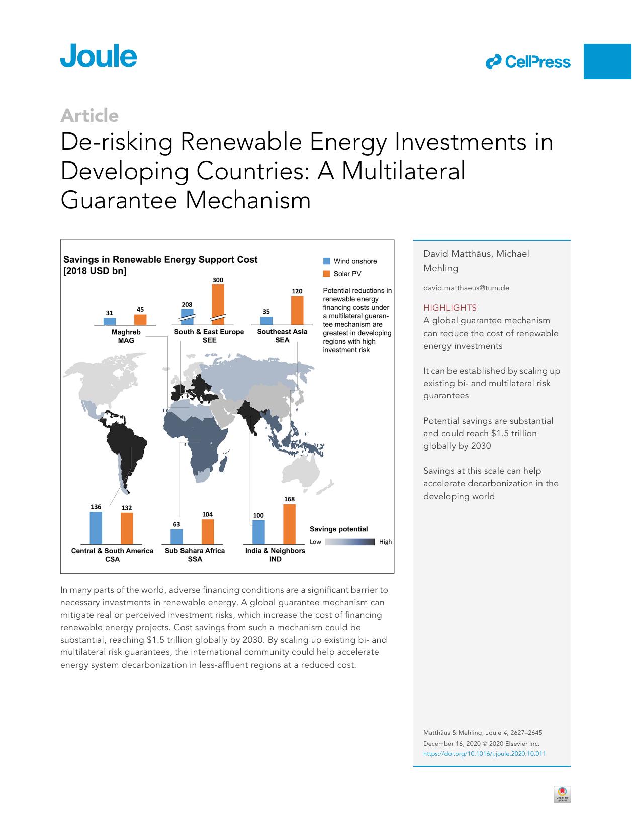 De-risking Renewable Energy Investments in Developing Countries: A Multilateral Guarantee Mechanism by David Matthäus & Michael Mehling