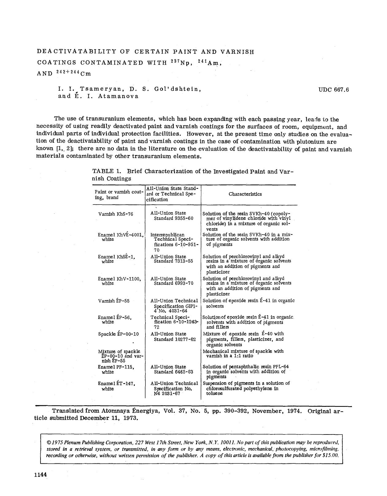 Deactivatability of certain paint and varnish coatings contaminated with <Superscript>237 <Superscript>Np, <Superscript>241 <Superscript>Am, and <Superscript>242+244 <Superscript>Cm by Unknown